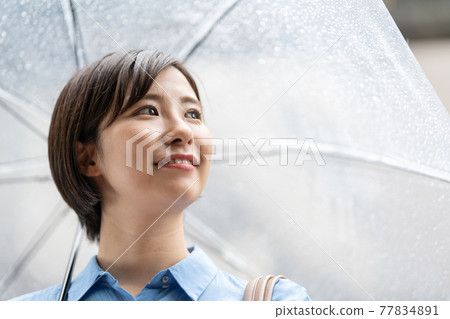 Young woman rain umbrella rainy season 77834891