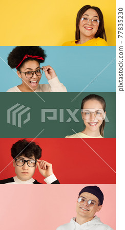 Portraits of group of people on multicolored background, collage. Portraits of group of people on multicolored background, collage. 77835230