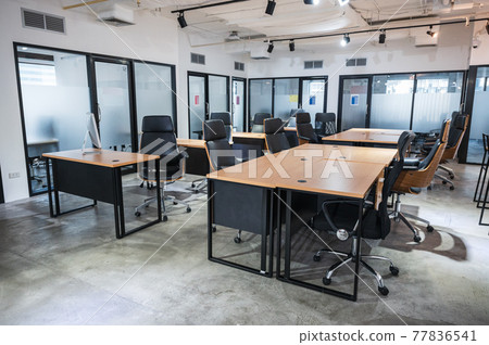 Closed empty modern office coworking space and policy for employees to work from home during pandemic of Covid-19, Coronavirus 77836541
