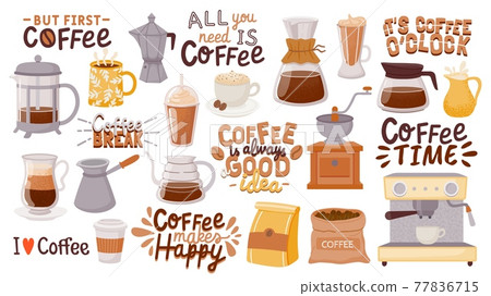 Coffee Quotes And Cups Morning Breakfast Hot Stock Illustration