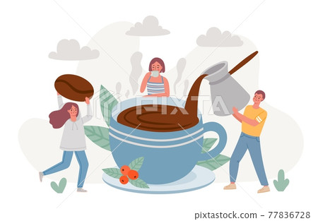 Coffee break. Big cup of morning hot drink and people drinking espresso and relax. Cafe poster with friends enjoy coffee time vector concept Coffee break. Big cup of morning hot drink and people drinking espresso and relax. Cafe poster with friends enjoy coffee time vector concept 77836728