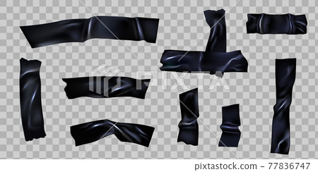 Black scotch. Ripped adhesive duct tape with wrinkles. Plastic sellotape stripes cross for fix. Realistic 3d torn sticky pieces vector set Black scotch. Ripped adhesive duct tape with wrinkles. Plastic sellotape stripes cross for fix. Realistic 3d torn sticky pieces vector set 77836747
