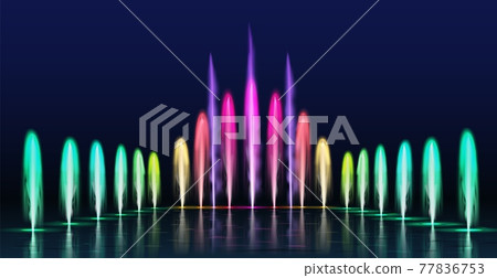 Fountains show. Realistic colored dancing water jets in night. Fountain cascade with lights for park decoration, 3d aqua sprays vector set Fountains show. Realistic colored dancing water jets in night. Fountain cascade with lights for park decoration, 3d aqua sprays vector set 77836753