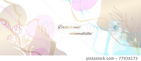 Plants line gold. Minimal background in blue and pink colors, flowers and twigs. Watercolor stains. Baner with place for text. 77838173