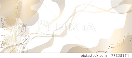 Plants line gold. Minimal background in beige tones. With beautiful streaks and watercolor stains and golden hazy streaks. Abstract plants banner design for prints, covers, wallpapers, minimalistic 77838174