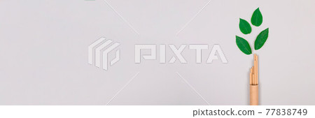 Banner, mockup image of brown paper straws packed in kraft paper tube or container with green leaves around it, on light gray background with copyspace. Sustainable lifestyle and zero waste concept. 77838749