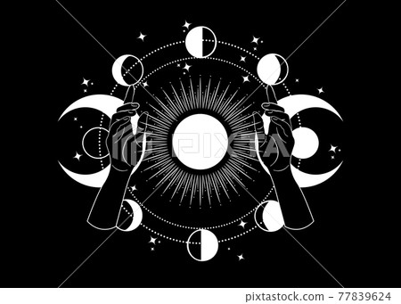 Mystical drawing woman hands hold the triple goddess, stars, Moon phases, Solar system. Wicca and pagan tradition. Alchemy, magic, esoteric, occultism. Tattoo vector illustration isolated on black Mystical drawing woman hands hold the triple goddess, stars, Moon phases, Solar system. Wicca and pagan tradition. Alchemy, magic, esoteric, occultism. Tattoo vector illustration isolated on black 77839624