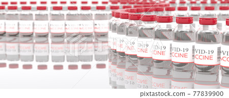 Vaccine. Many disposable vials on the table of Covid-19 coronavirus vaccine. Medicine infectious concept. 3d rendering 77839900