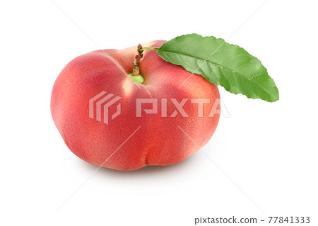 Ripe chinese flat peach fruit with leaf isolated on white background with clipping path and full depth of field Ripe chinese flat peach fruit with leaf isolated on white background with clipping path and full depth of field 77841333