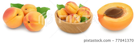 apricot fruit with half and slices isolated on white background with full depth of field. Set or collection apricot fruit with half and slices isolated on white background with full depth of field. Set or collection 77841370