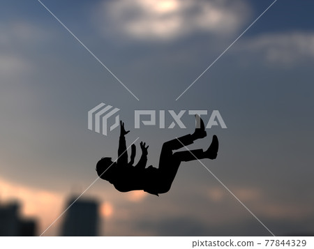 Falling young man in suit, silhouette of a man, city at dusk, next to CG illustration Falling young man in suit, silhouette of a man, city at dusk, next to CG illustration 77844329