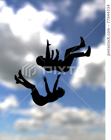 Falling young man in suit, silhouette of men and women, cloudy sky, CG illustration vertical Falling young man in suit, silhouette of men and women, cloudy sky, CG illustration vertical 77844334