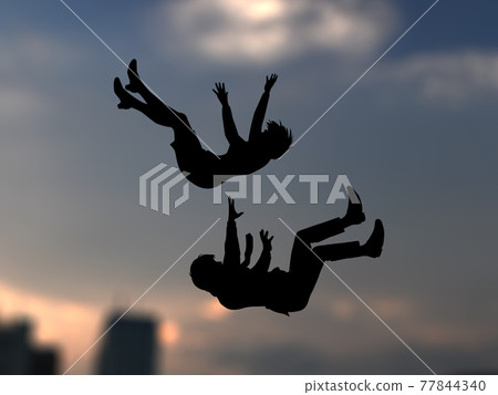 Falling young man in suit, silhouette of a woman and man, city at dusk, next to CG illustration Falling young man in suit, silhouette of a woman and man, city at dusk, next to CG illustration 77844340