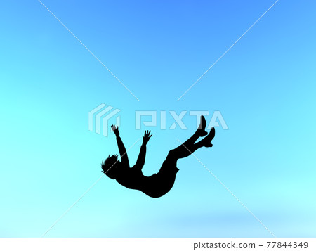 一個穿西裝的摔倒的年輕人,一個女人在空中的剪影,在 CG 插圖旁邊 一個穿西裝的摔倒的年輕人,一個女人在空中的剪影,在 CG 插圖旁邊 77844349
