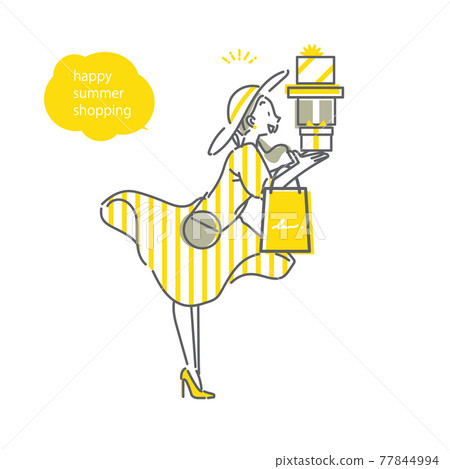 在夏季銷售中購物的滿意和興奮的女人 簡單而時尚的線條畫插圖 77844994