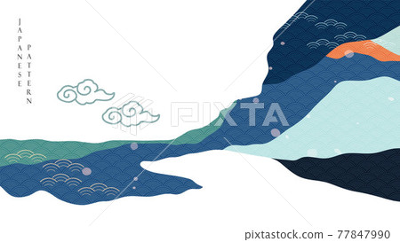 Abstract landscape background with Asian traditional icon vector. Mountain forest banner design with Japanese wave pattern. Abstract landscape background with Asian traditional icon vector. Mountain forest banner design with Japanese wave pattern. 77847990