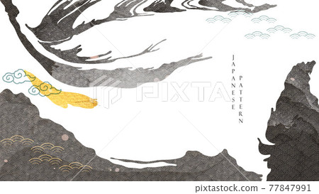 Chinese background with Asian traditional icon vector. Gold and black texture with wave pattern in vintage style. Abstract landscape banner design. Chinese background with Asian traditional icon vector. Gold and black texture with wave pattern in vintage style. Abstract landscape banner design. 77847991