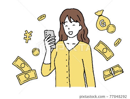 一個很高興用簡單的觸摸智能手機賺錢的女人的插圖 一個很高興用簡單的觸摸智能手機賺錢的女人的插圖 77848292