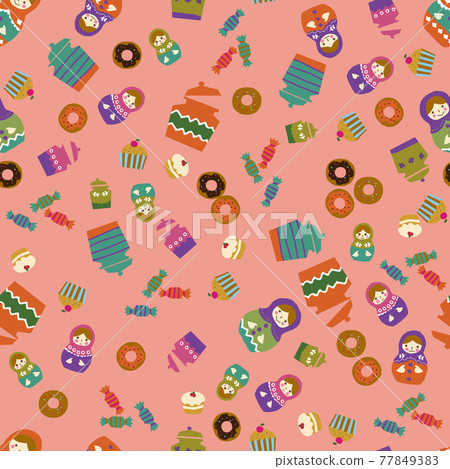 俄羅斯套娃和糖果圖案。無縫模式。壁紙和包裝紙的材料。紡織設計。 俄羅斯套娃和糖果圖案。無縫模式。壁紙和包裝紙的材料。紡織設計。 77849383