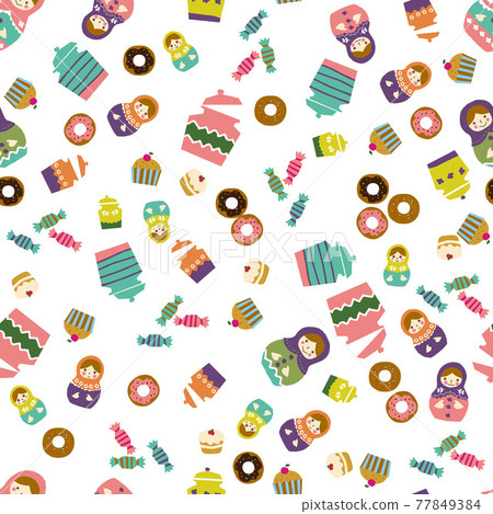 俄羅斯套娃和糖果圖案。無縫模式。壁紙和包裝紙的材料。紡織設計。 77849384