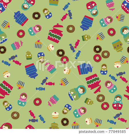 俄羅斯套娃和糖果圖案。無縫模式。壁紙和包裝紙的材料。紡織設計。 俄羅斯套娃和糖果圖案。無縫模式。壁紙和包裝紙的材料。紡織設計。 77849385