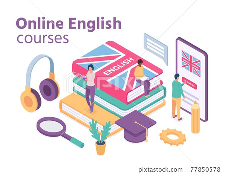 Isometric english courses. Online foreign language school with student learn vocabulary and reading books. Distance education vector concept 77850578