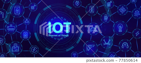 Iot technology. Digital banner for internet of things or smart home device network with icons. Futuristic innovation industry vector concept Iot technology. Digital banner for internet of things or smart home device network with icons. Futuristic innovation industry vector concept 77850614