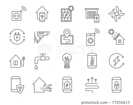 Smart house system icons. Home network, wifi automation internet technology for security, light, heat thermostat and electricity, vector set Smart house system icons. Home network, wifi automation internet technology for security, light, heat thermostat and electricity, vector set 77850615