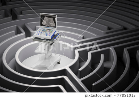 Portable medical ultrasound diagnostic machine, scanner inside labyrinth maze, 3D rendering Portable medical ultrasound diagnostic machine, scanner inside labyrinth maze, 3D rendering 77851012