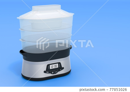 Food steamer on blue backdrop, 3D rendering Food steamer on blue backdrop, 3D rendering 77851026
