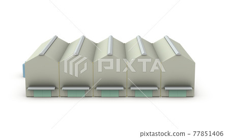 The appearance of the factory with a triangular roof. 3D rendering. White background. The appearance of the factory with a triangular roof. 3D rendering. White background. 77851406