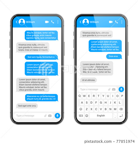 Realistic smartphone with messaging app. Blank SMS text frame. Messenger chat screen with blue Realistic smartphone with messaging app. Blank SMS text frame. Messenger chat screen with blue 77851974