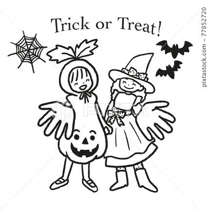 Line drawing illustration of a smiling girl in Halloween costume 77852720