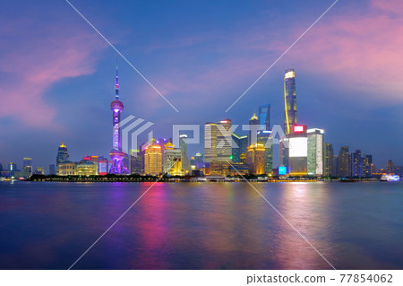 Shanghai city skyline Pudong side looking through Huangpu river on twilight time. 77854062