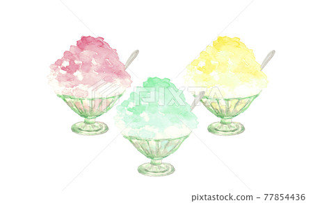 Watercolor: Retro bowl with lemon flavor Strawberry melon Lemon shaved ice with spoon Material White background 77854436