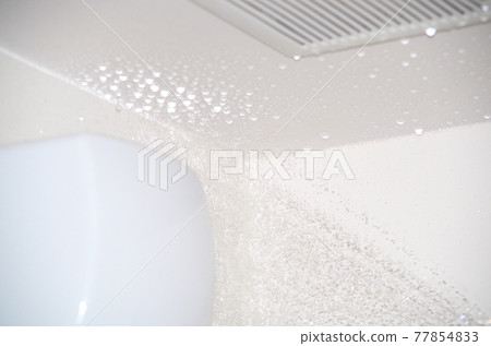 A mold remover is sprayed into the corner of the ceiling of the bathroom, left for a while, and then rinsed thoroughly with shower water until it is completely satisfied. A mold remover is sprayed into the corner of the ceiling of the bathroom, left for a while, and then rinsed thoroughly with shower water until it is completely satisfied. 77854833
