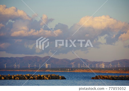 Windmills on the Shimokita Peninsula as seen from Noheji Kaihin Park in Aomori Prefecture 77855032