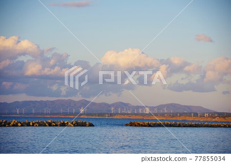 Windmills on the Shimokita Peninsula as seen from Noheji Kaihin Park in Aomori Prefecture 77855034