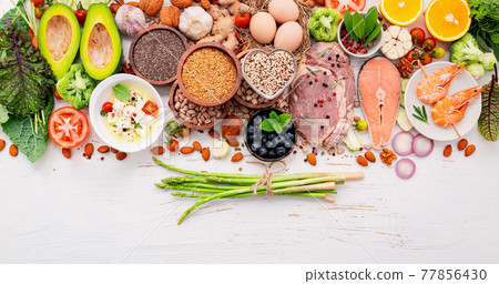 Ketogenic low carbs diet concept. Ingredients for healthy foods selection set up on white wooden background. Ketogenic low carbs diet concept. Ingredients for healthy foods selection set up on white wooden background. 77856430