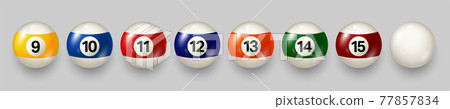 Colorful billiard, pool balls with numbers on gray background. Realistic glossy snooker ball. Vector 77857834