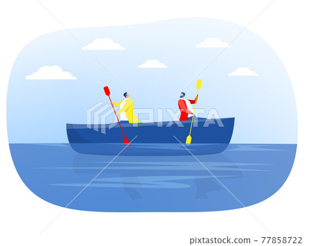 Two businessmen rowing in the different directions in a canoe, Conflict situation vector illustration 77858722