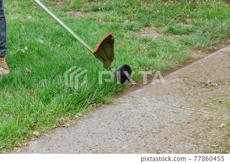 The gardener man mows the grass with a hand lawn mower. 77860455
