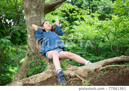 Girl sitting on a tree trunk 77861361