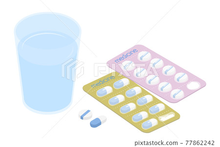 Medication image, taking medicine out of the sheet and drinking with water, isometric 77862242