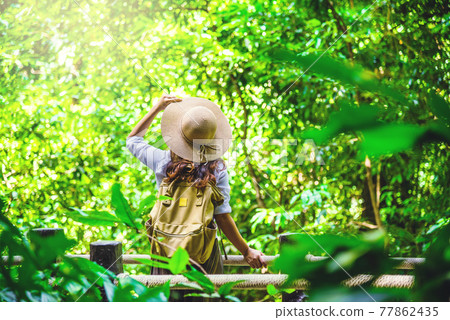 women travel relax nature in the holiday. Nature Study in the forest. The Girl happy walking and enjoying Tourism in through 77862435