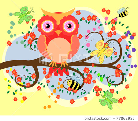 A family of bright, cartoon, cute, colorful owls on a flowering tree branch, parents, A family of bright, cartoon, cute, colorful owls on a flowering tree branch, parents, 77862955
