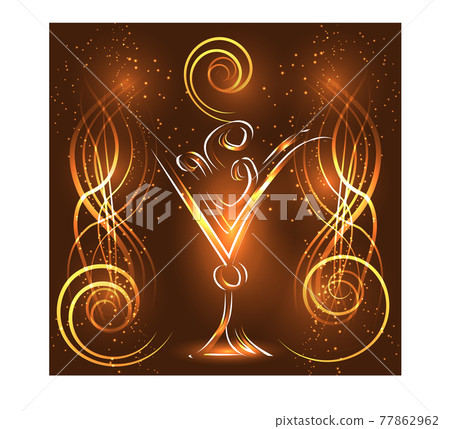 Golden elegant outline of a glass with a drink, with neon lights 77862962