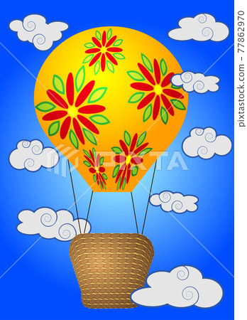 A few Vivid, cartoonish, large volumetric balloons with a basket in the sky amidst white clouds and a rainbow. Flying, freedom 77862970