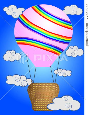 A few Vivid, cartoonish, large volumetric balloons with a basket in the sky amidst white clouds and a rainbow. Flying, freedom 77862972