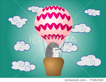 A cute little hedgehog flies into cartoons, a large bulky balloon with a basket in the sky amidst white clouds A cute little hedgehog flies into cartoons, a large bulky balloon with a basket in the sky amidst white clouds 77862984